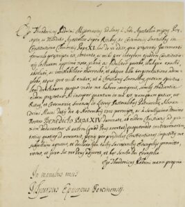Documento manuscrito autógrafo, assinado. Coassinado pelo Bispo de Pequim, Frei Polycarpo de Sousa. Pequim, [c. 1740–1746], por Teodorico Pedrini (1671-1746).