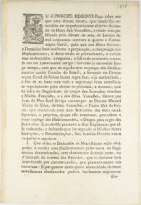 Alvará que regula os preços das drogas e medicamentos no Brasil. Rio de Janeiro, Impressão Régia, 1808, por Príncipe Regente Dom João (1767–1826)