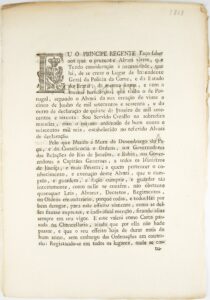 Alvará de criação do cargo de Superintendente Geral da Polícia da Corte. Rio de Janeiro, Impressão Régia, 1808, por Príncipe Regente Dom João (1767–1826)