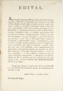 Edital ao Conselho Supremo Militar sobre a declaração de guerra à França. Rio de Janeiro, Impressão Régia, 1808, por Príncipe Regente Dom João (1767–1826)
