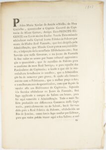 Alvará sobre o fornecimento de salitre para a Real Fábrica de Pólvora. Rio de Janeiro, Impressão Régia, 1808, por Príncipe Regente Dom João (1767–1826)