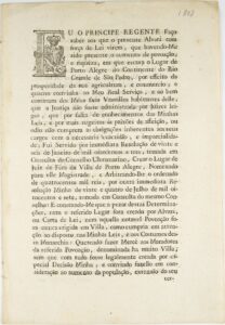 Alvará de elevação de Porto Alegre à categoria de Vila. Rio de Janeiro, Impressão Régia, 1808, por Príncipe Regente Dom João (1767–1826)