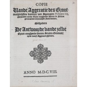 Cópia da Aprovação do Mui Poderoso Rei de Espanha, Filipe III, Enviada aos Mui Poderosos Senhores Estados Gerais das Províncias Unidas; Juntamente com a Resposta dos Mesmos Mui Poderosos Senhores Estados Gerais Dada à Dita Aprovação. [S.l.: s.n.], Anno 1608, por Filipe III de Espanha e pelos Estados Gerais das Províncias Unidas.